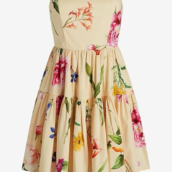 EXPRESS tiered yellow floral Babydoll Strapless mini Dress size 8 - Picture 3 of 12